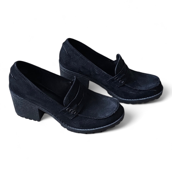 Sun + Stone Shoes - Sun + Stone Women’s Black Suede Block Heel Loafers Size 9